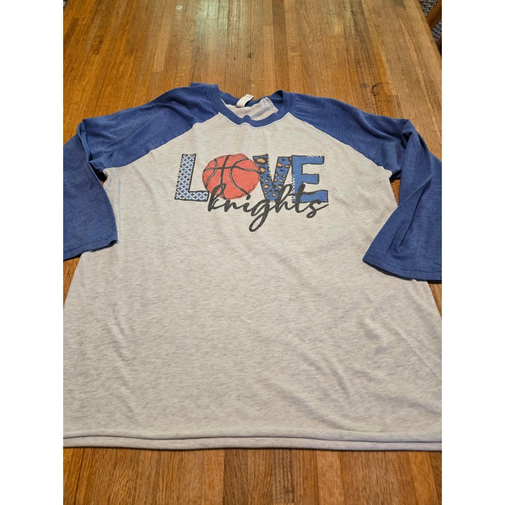 Next Level Apparel Women LG Blue Grey LOVE‎ Knights Basketball Raglan 3/4 Sleeve